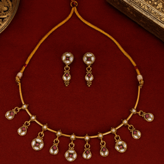 Elegance Polki Style Gold Plated hasli with red stone Necklace Mini Drop Earrings Jewellery Set