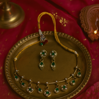 Elegance Polki Style Gold Plated hasli with green stone Necklace Mini Drop Earrings Jewellery Set