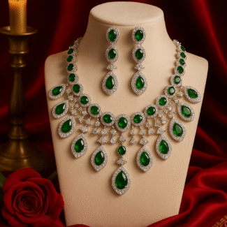 Rhodium-Plated American Diamond Studded Teardrop Tasselled Necklace With Earrings Jewellery Set For Girls and Women