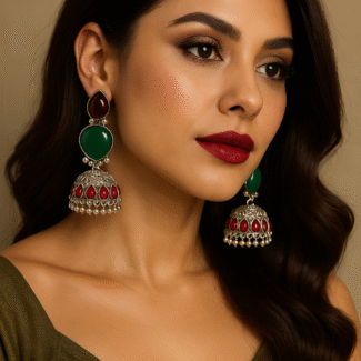 Red and green jhumki earrings