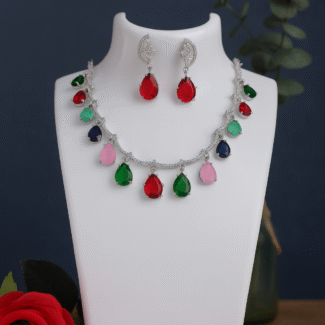 Rhodium Plated AD/American Diamond Studded Multicolor Crystal Necklace Set with Earrings for Women and Girls