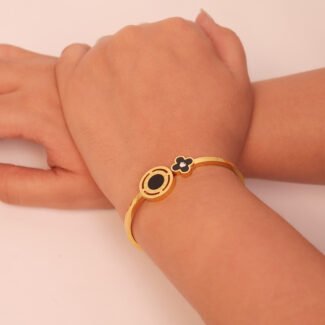 Designer Gold-Plated Bangle with Black Enamel Floral Design, Adjustable Kada Bracelet for Women, Fashion Jewellery