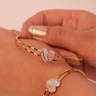 Heart Design Gold Plated Bracelet with Pink Crystal and Rhinestones for Women, Double Band Style