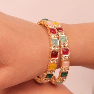 Set of 4 18K Gold-Plated Multi-Coloured Oval Stone Studded Designer Bangles