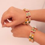 Set of 4 18K Gold-Plated Multi-Coloured Oval Stone Studded Designer Bangles