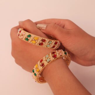 Set of 2 18K Gold-Plated Multi-Coloured  Stone with small pearl Studded Designer Bangles