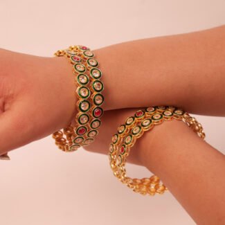Gold-plated Bangles Embellished with White, Green and Red Beads Set of 4
