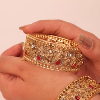 Rajwada Gold Plated Synthetic red Stone Studded Thick set of 2 Openable Bangle