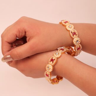 Set of 2, 22K Gold-Plated Handcrafted Traditional Bangles with Red and white Stones with Pearls
