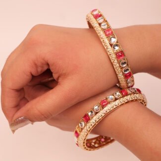 Set of 2 22K Gold-Plated Ruby Pink & White Cubic Studded Premium Bangles