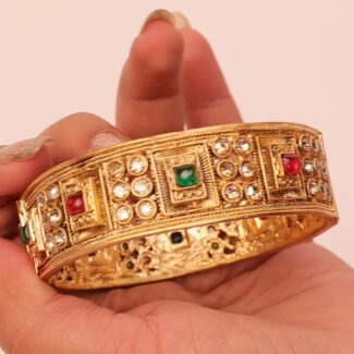 Rajwada Gold Plated Synthetic red and green Stone Studded Thick set of 2 Openable Bangle