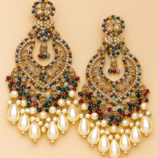 Royal Kundan & Pearl Chandbali Earrings with Multicolor Beads