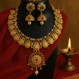 South Indian style gold plated red and green stone set with long jhumki earrings