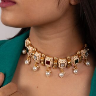 Rajwada gold plated choker set  stone and pearl drops with long earrings