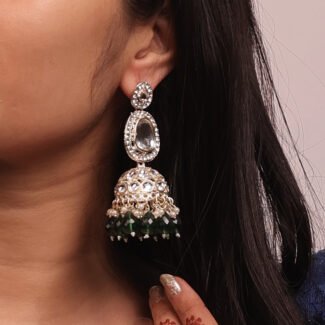 Gold Plated Green Stone Studded Kundan Jhumki Earrings for Women