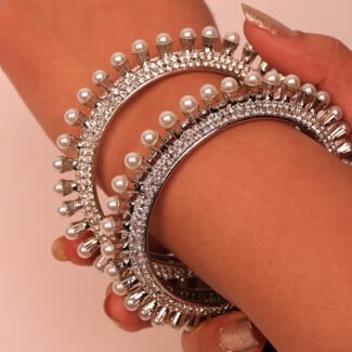 White Pearls Moti and zircon Studded Metal Bangles Set For Women Set of 2