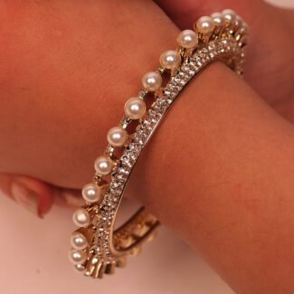 White Pearls Moti and zircon Studded Metal Bangles Set For Women Set of 2