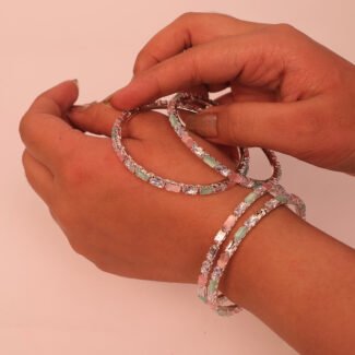 Crystal Bangle Set, American Diamond with Mint and Pink Beads, Set of 4
