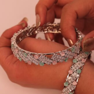 Set of 2 Rhodium-Plated Pastel Green & Pink Zirconia Studded Bangles for Women & Girls | Elegant Wedding & Festive Jewelry
