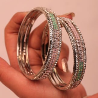 Set of 2 Rhodium-Plated Pastel Green & Pink Cubic Zirconia Studded Bangles for Women & Girls | Elegant Wedding & Festive Jewelry