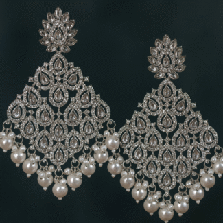 Rhodium plated white cubic zirconia studded heavy earrings with drops of pearls