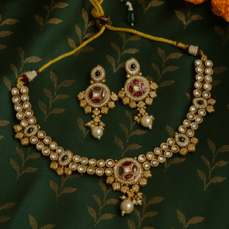 Traditional gold plated necklace with red and green stone  set with long earrings
