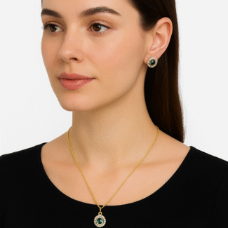 Elegant Gold-Plated Green Stone Necklace & Stud Earrings Set