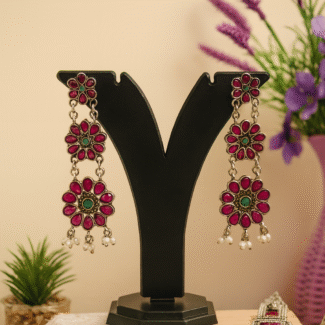 Red flower dangler earrings