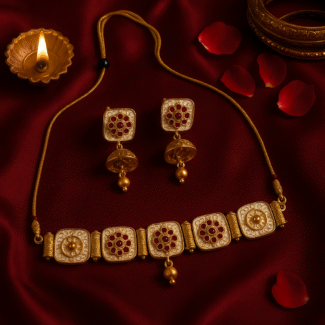 Gold-Plated  Studded Choker Necklace Set with red & peach Beads for Women