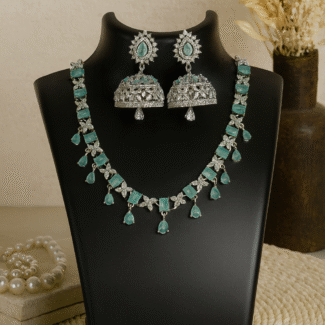 Elegant Turquoise & Diamond-Cut Necklace Set with Jhumka Earrings