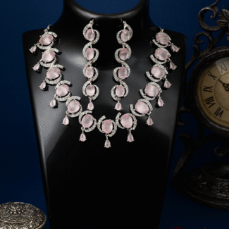 Elegant Rose Quartz & Zirconia Silver-Plated Jewelry Set (Necklace & Earrings)