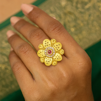 Regal Floral Gold Ring with Ruby & Diamonds