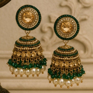 Elegant Green & Gold Traditional Jhumka Earrings with Pearls