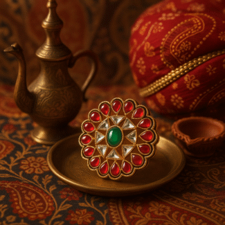 Regal Red and Green Kundan Statement Ring