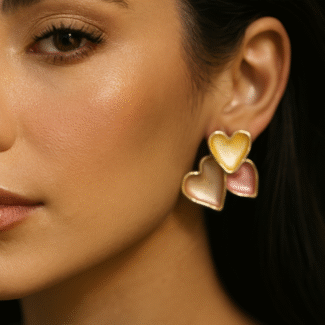 Triple Heart Enamel Stud Earrings – Gold, Champagne & Pink