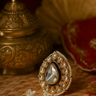 Majestic Teardrop Kundan Ring with Pearl Border
