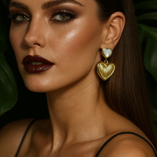 Gold Heart Drop Earrings with Mother of Pearl Accent