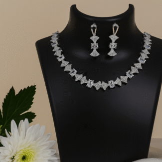 Elegant Silver-Toned Diamond Necklace & Earrings Set