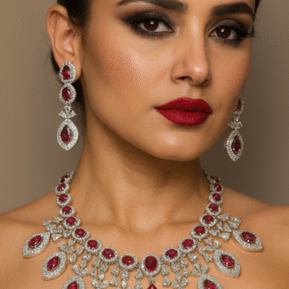 Elegant Ruby & Diamond Choker Necklace Set with Earrings