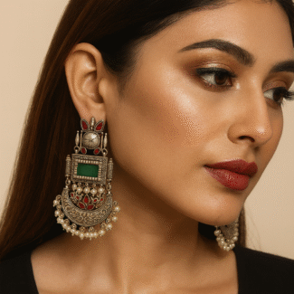 Oxidised Silver Statement Earrings with Kundan & Pearl Detailing