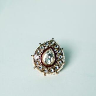 Teardrop Kundan Ring with Red Enamel and Pearls