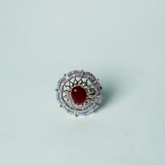 Ruby Sunburst Cocktail Ring with Dual-Tone Band