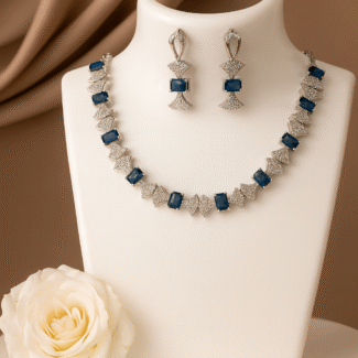 Elegant Blue Sapphire & Diamond-Cut Silver Necklace Set