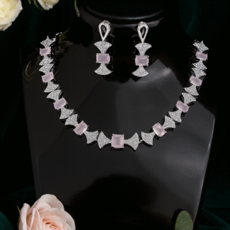 Elegant Rose Quartz & Diamond Necklace Set