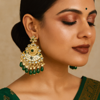 Elegant Green Kundan Chandbali Earrings