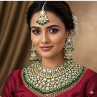 Royal Kundan Bridal Necklace Set with Green Beads